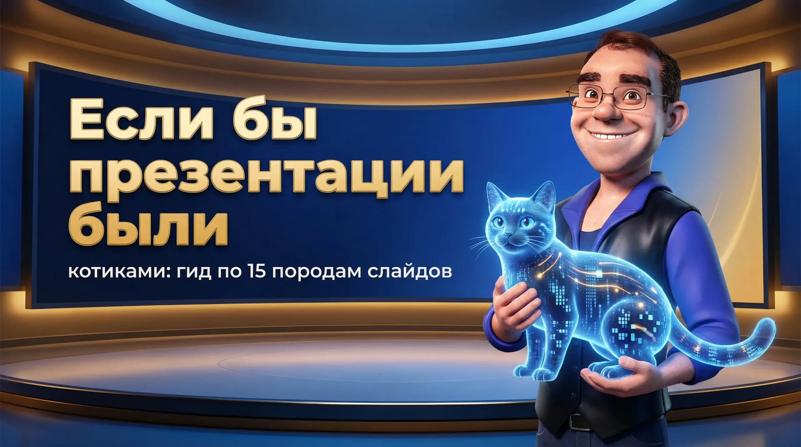 Семенюк Павел в очках и синей рубашке стоит на футуристической сцене и держит в руках сияющую голограмму кота, на заднем плане — изогнутый экран с надписью «Если бы презентации были котиками: гид по 15 породам слайдов».