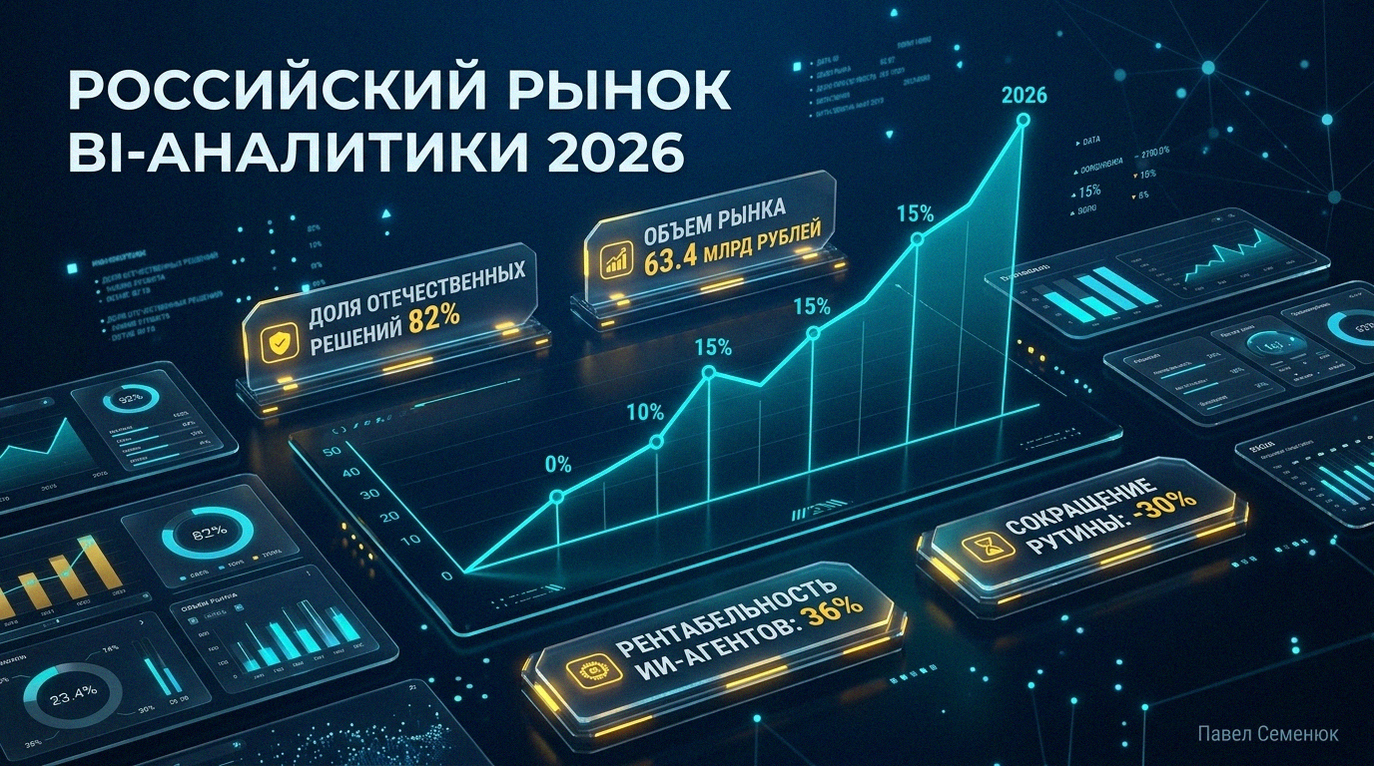 Футуристическая 3D-инфографика российского рынка BI-аналитики 2026 года с графиками роста, показателями импортозамещения и объема рынка в 63,4 млрд рублей.