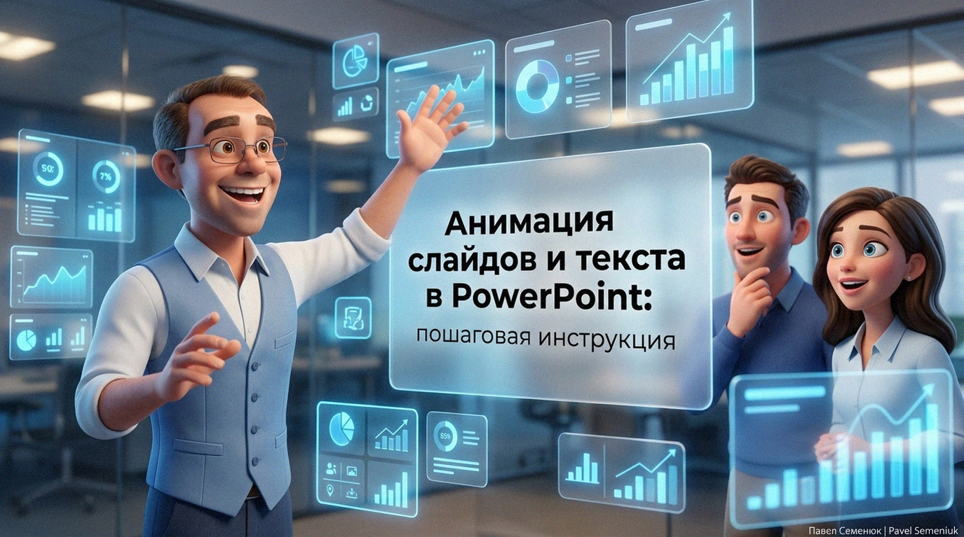 3D-персонажи в стиле анимации показывают презентацию с парящими голографическими слайдами и графиками