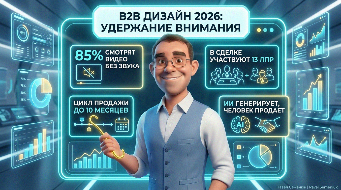 3D-инфографика в стиле Pixar, показывающая тренды B2B-дизайна 2026 года, цифровую статистику и визуальные крючки для удержания внимания клиентов.