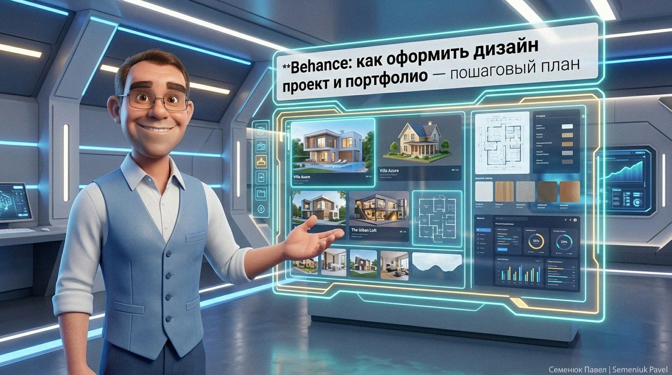 Профессиональный 3D-персонаж в очках и синем жилете демонстрирует на голографическом экране структуру портфолио строительной компании для Behance.