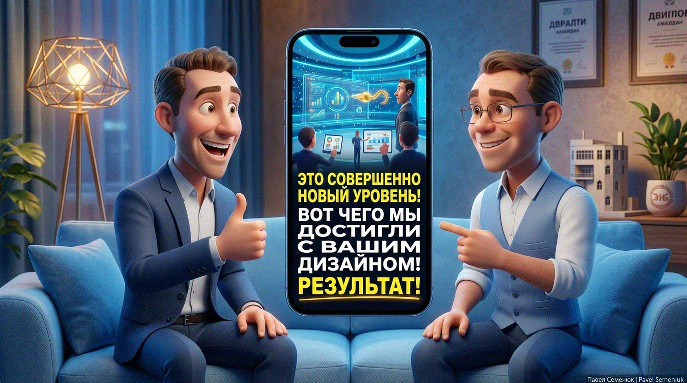 Презентации на заказ3D-графика в стиле Pixar: двое мужчин сидят на синем диване в офисе и смотрят на большой вертикальный экран смартфона с русскими субтитрами