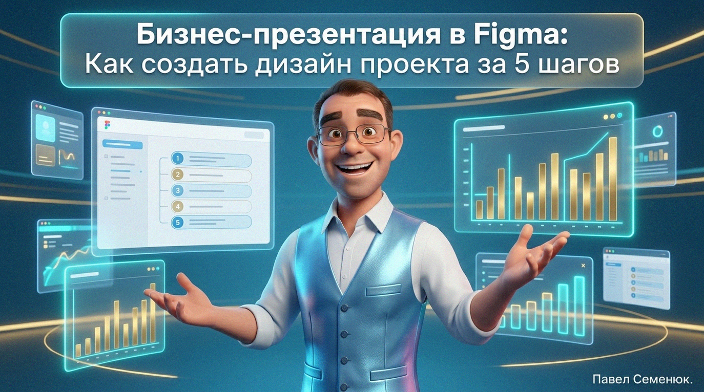 3D-персонаж эксперта в очках на фоне летающих голографических слайдов и золотых графиков, созданных в Figma