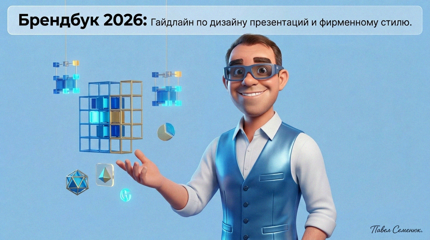 3D-иллюстрация улыбающегося мужчины в синей жилетке, демонстрирующего концепцию современного брендбука с парящими абстрактными фигурами.