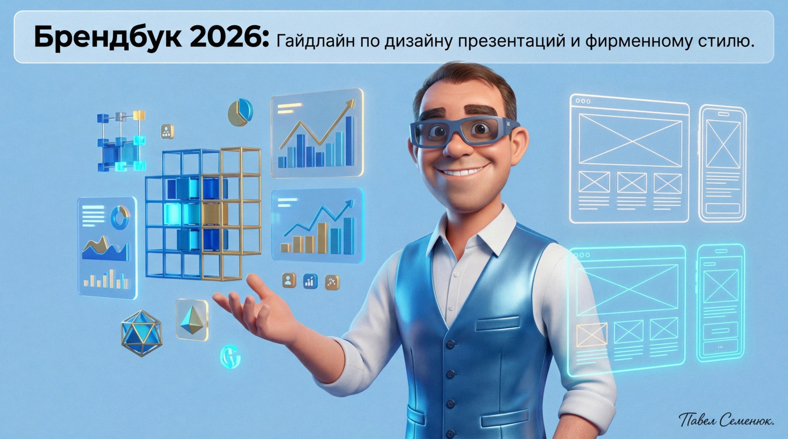 Мужской 3D-персонаж в очках и синем жилете представляет современную адаптивную дизайн-систему с парящими графиками и модульными сетками.