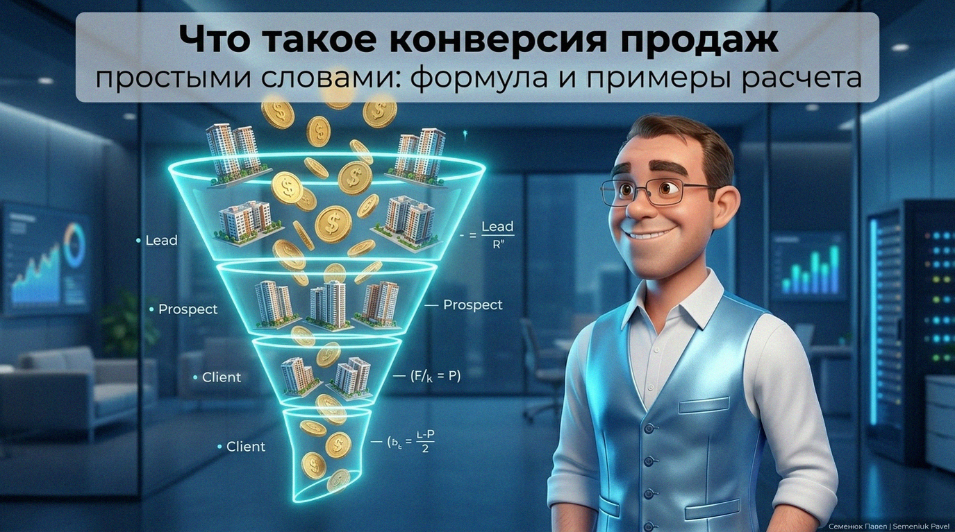 3D-иллюстрация эксперта рядом с цифровой воронкой продаж, через которую проходят золотые монеты и макеты зданий.