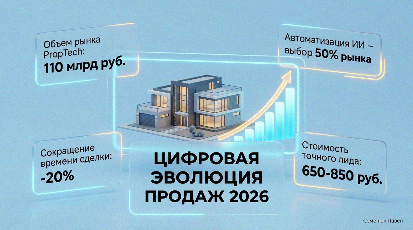 3D-инфографика о цифровизации строительного рынка 2026 года с BIM-моделью дома и статистикой PropTech
