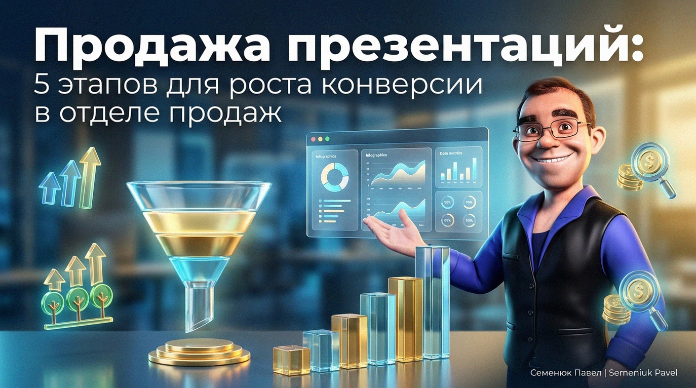 Персонаж в стиле 3D-анимации представляет воронку продаж и графики роста на фоне цифрового интерфейса с инфографикой.