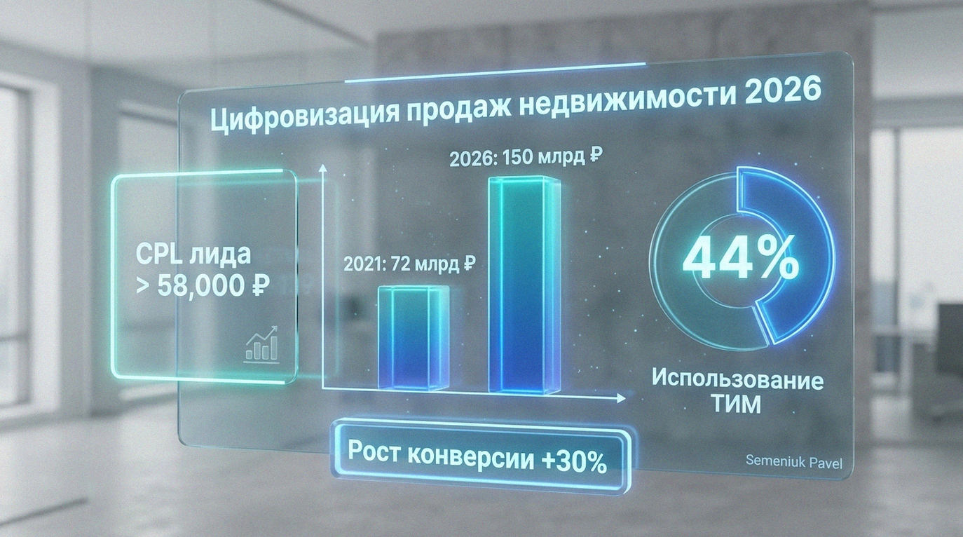 3D-инфографика трендов строительства 2026 года: графики инвестиций в IT, статистика использования ТИМ и стоимость лида CPL на голографическом дашборде.