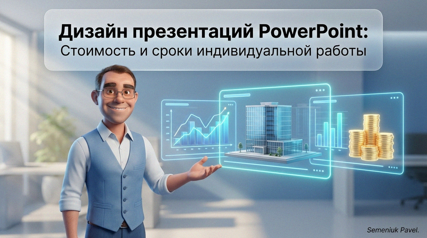 Мужчина в очках и синем жилете жестикулирует в сторону голографических 3D-слайдов с графиками и моделью здания.