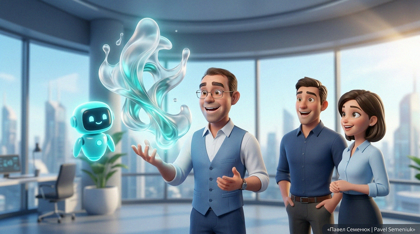 3D-иллюстрация в стиле Pixar: дизайнер создает светящуюся абстрактную скульптуру из стекла вместе с маленьким роботом для восторженных зрителей в современном офисе.