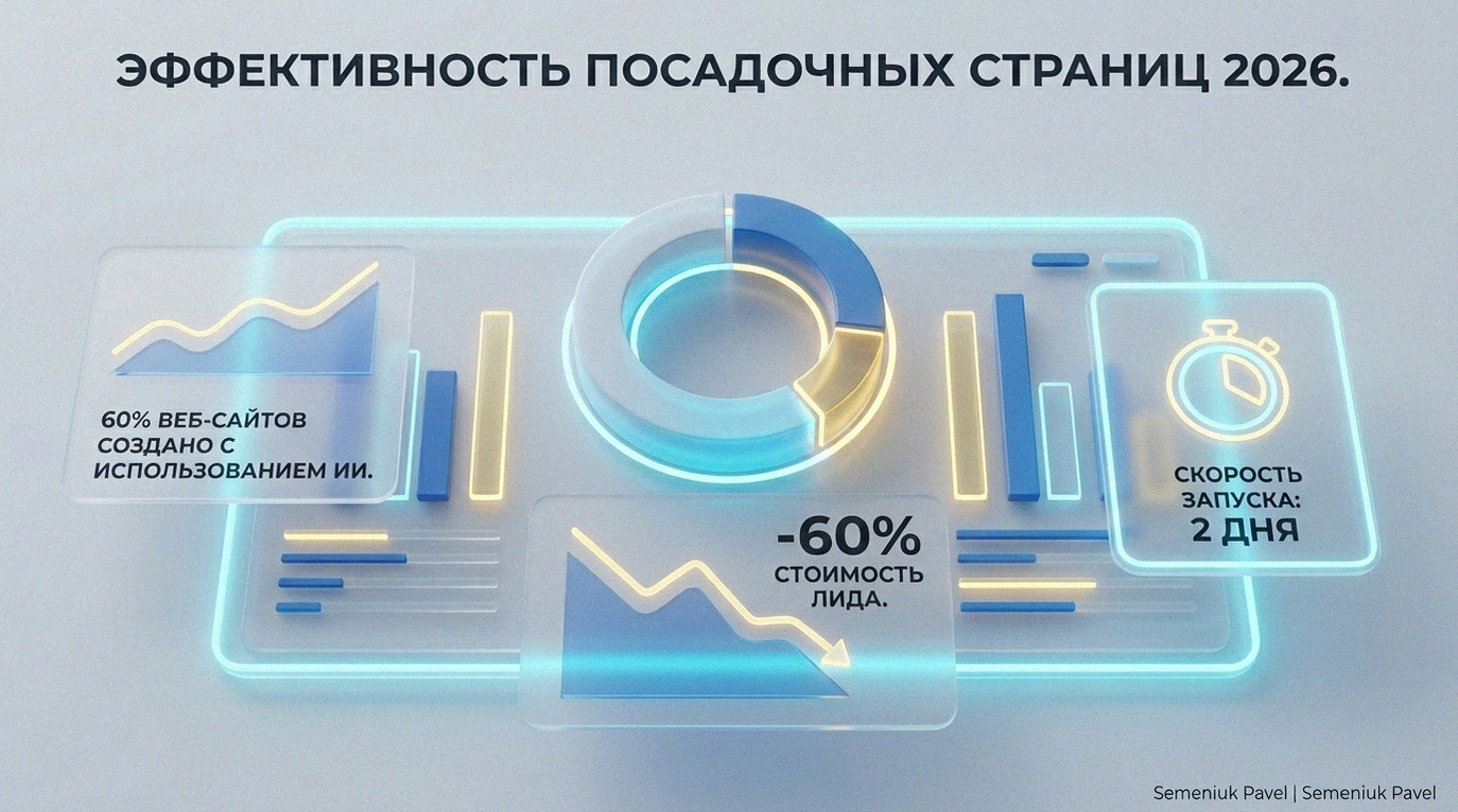 3D-инфографика со статистикой лендингов в 2026 году: влияние ИИ на стоимость лида и скорость разработки сайта