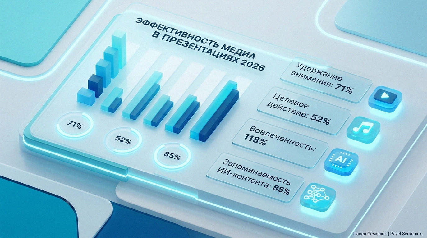 Современная 3D-инфографика в стиле глассморфизма, демонстрирующая показатели удержания внимания, вовлеченности и эффективности видео-контента в презентациях 2026 года.
