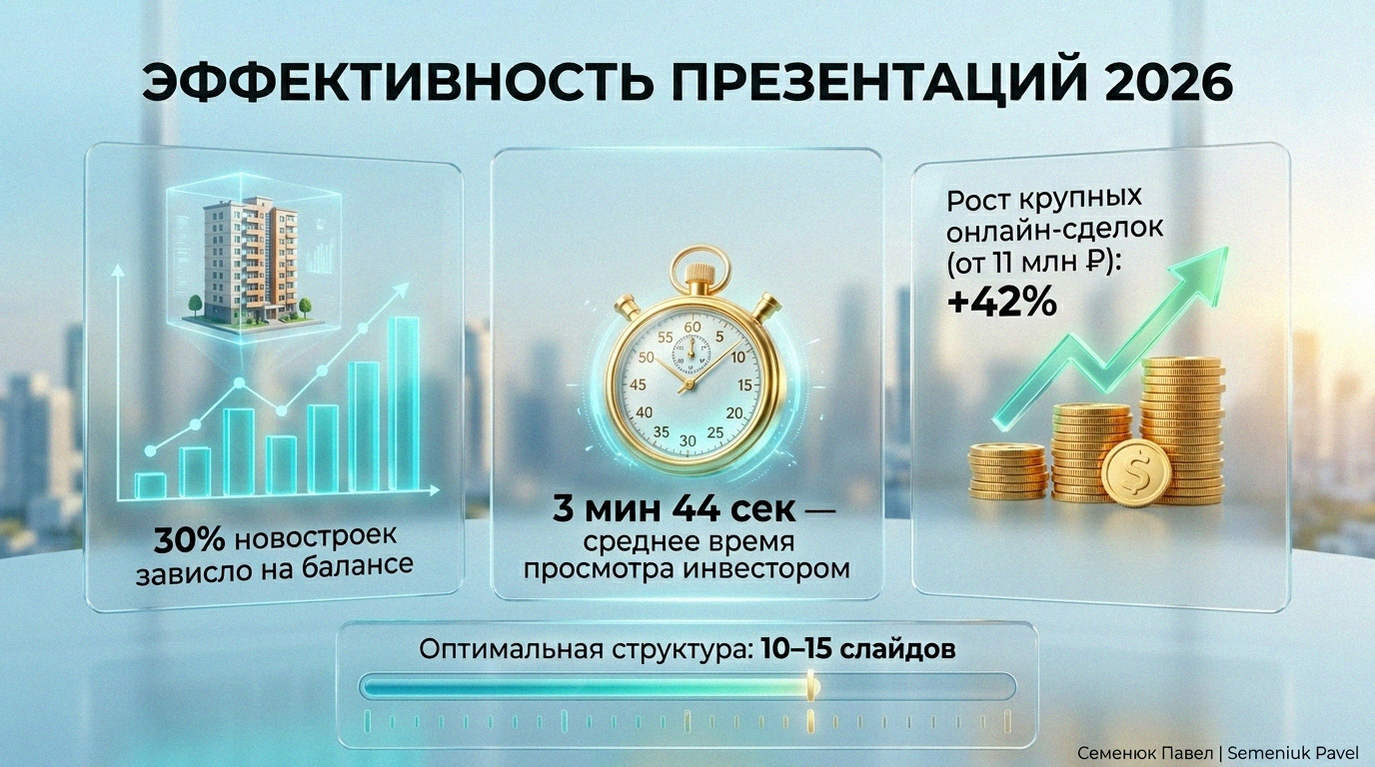 Инфографика о трендах строительного рынка 2026: статистика времени просмотра инвестором, рост онлайн-сделок и доля готовых квартир на балансе.