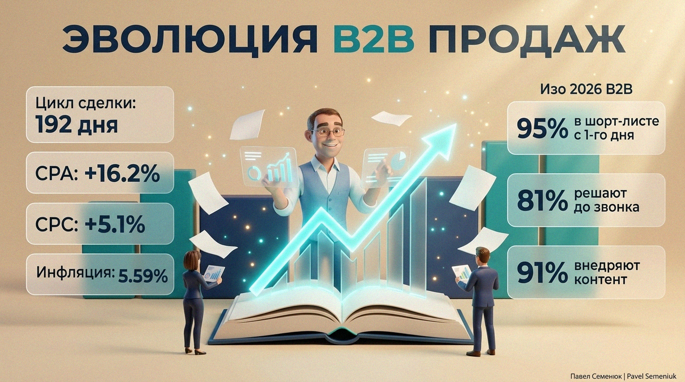 3D-инфографика с ключевыми метриками B2B продаж 2026 года, включая цикл сделки, рост CPA и эффективность сторителлинга на российском рынке.