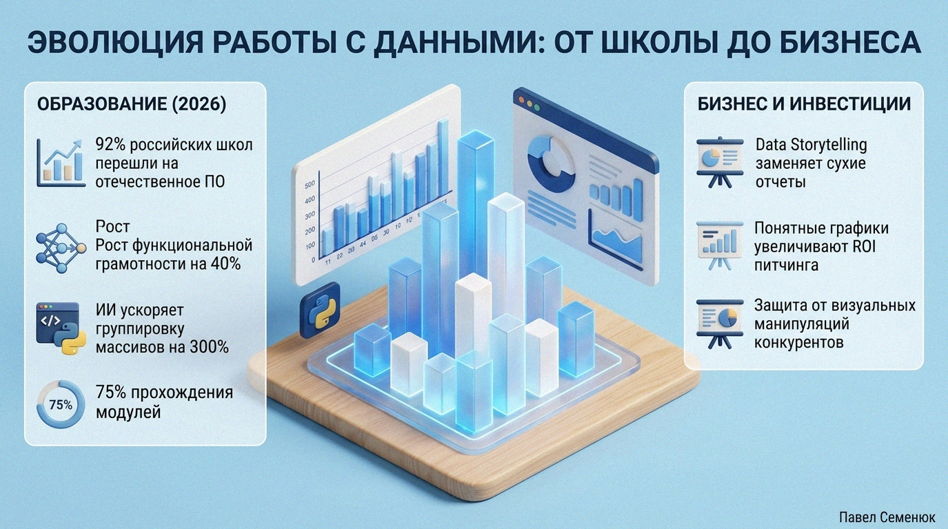 Современная 3D-инфографика об изучении статистики в школах и применении визуализации данных в бизнесе к 2026 году.