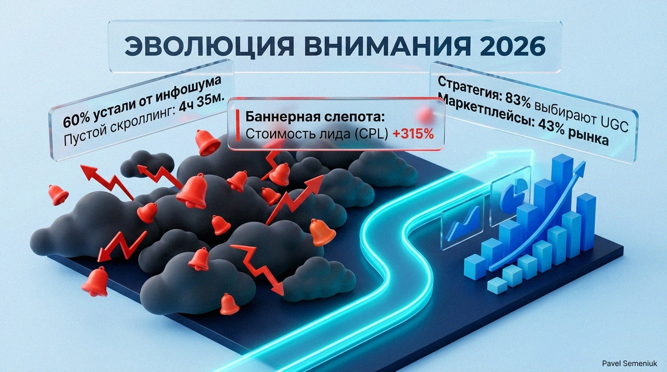 3D-инфографика в стиле глассморфизм, демонстрирующая переход от информационного шума к эффективной бренд-стратегии с аналитическими данными на 2026 год.