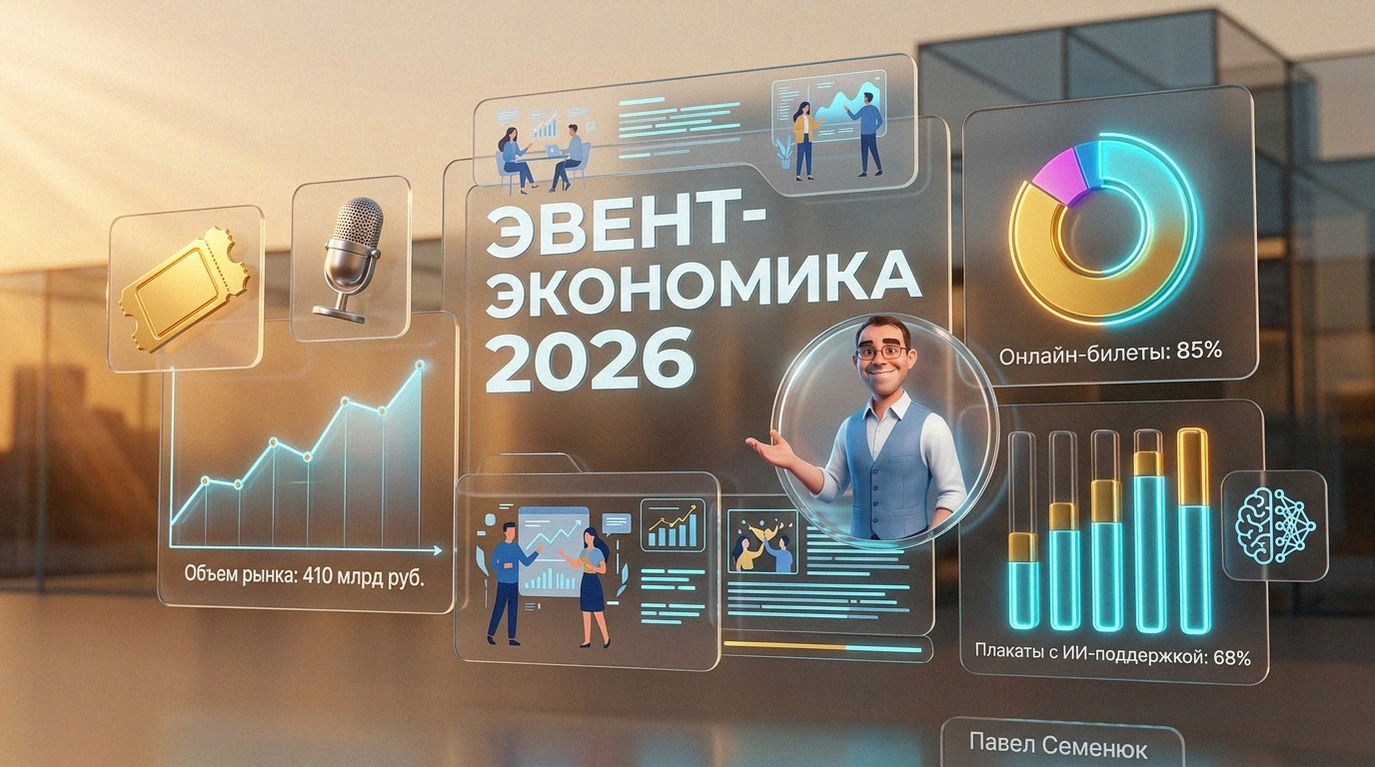 3D-инфографика о состоянии рынка мероприятий в России на 2026 год: статистика онлайн-продаж билетов, объем рынка и роль нейросетей в дизайне.