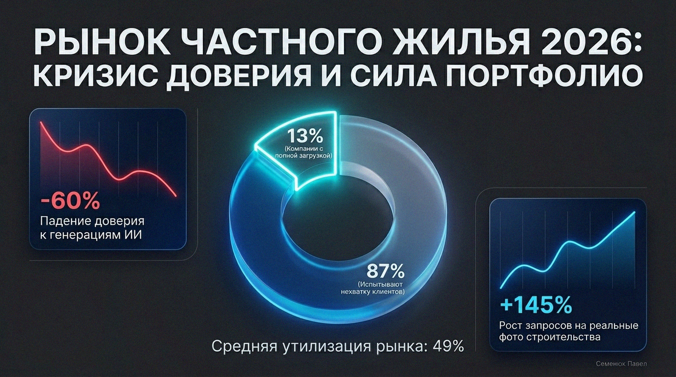 Футуристичный дашборд со статистикой рынка индивидуального жилищного строительства в России на 2026 год, показывающий кризис доверия к ИИ и рост спроса на реальные фотографии объектов.