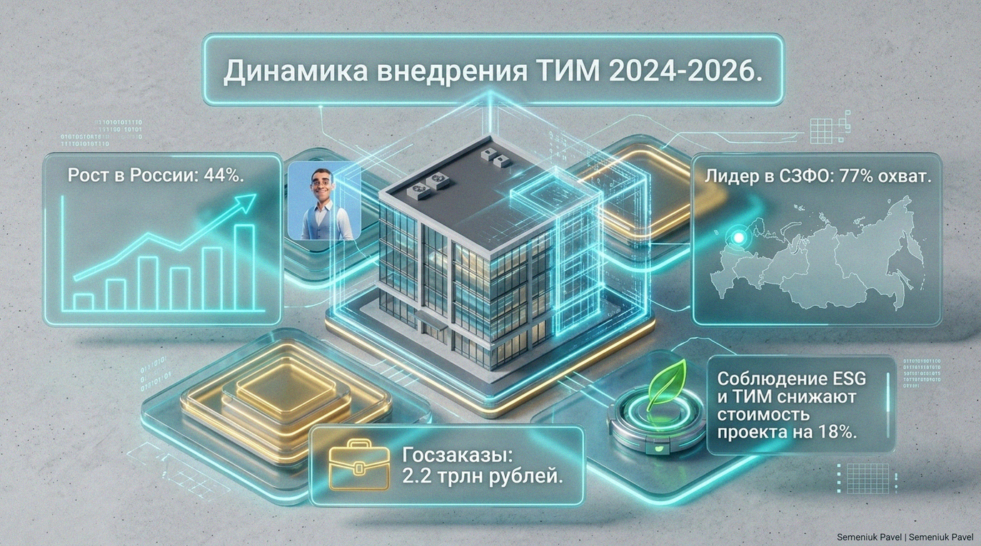 3D-визуализация в стиле бенто-бокс с данными о внедрении технологий информационного моделирования в строительной отрасли России к 2026 году.