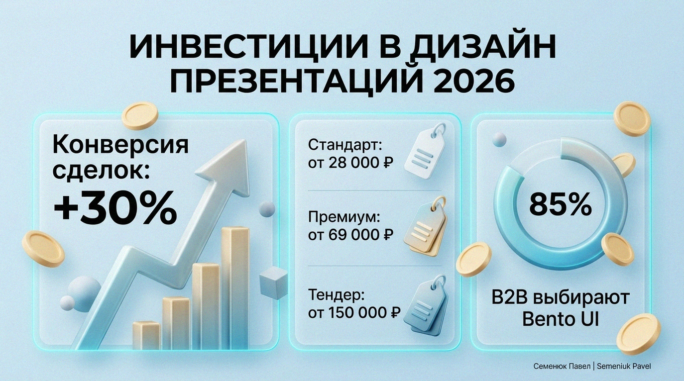 Инфографика в стиле Bento UI, показывающая рост конверсии на 30% и стоимость разработки презентаций от 28 000 до 150 000 рублей в 2026 году.