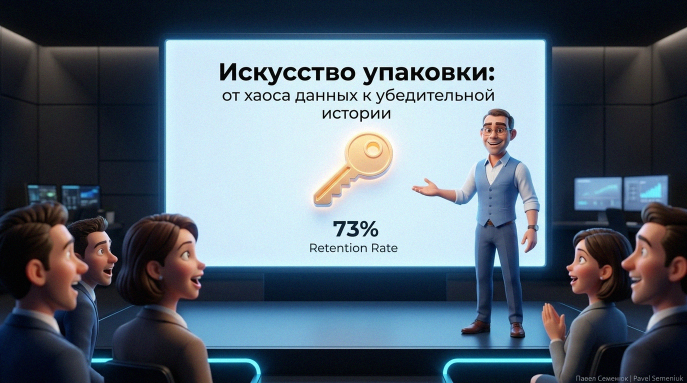Презентации на заказ3D-персонаж в стиле Pixar презентует слайд с золотым ключом и метрикой 73% Retention Rate перед восхищенной аудиторией
