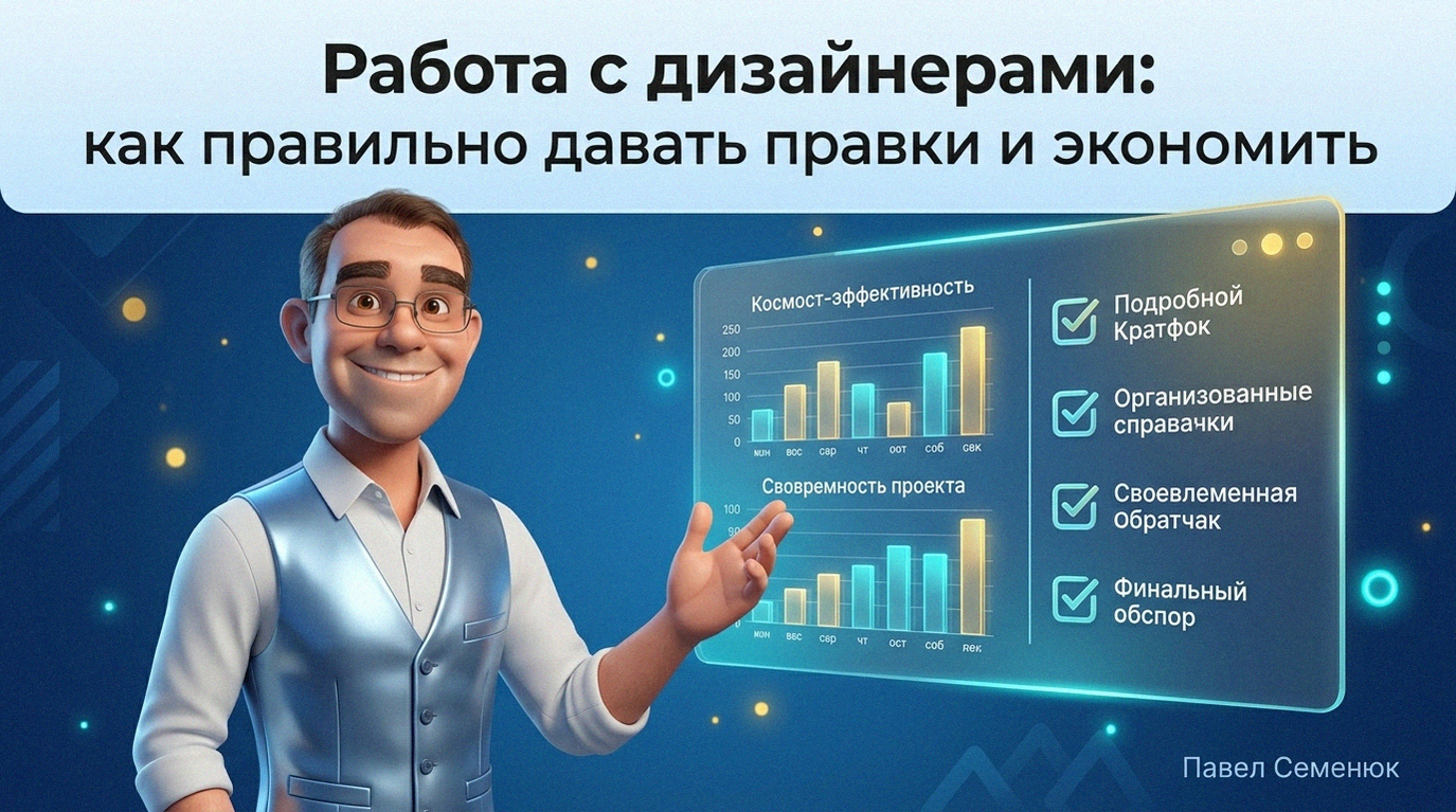 3D персонаж в стиле мультфильмов указывает на стеклянную панель с графиками эффективности и чек-листом по работе с дизайнером для экономии бюджета.