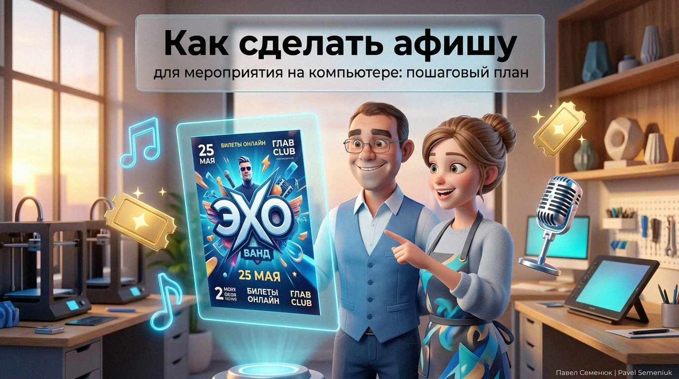 Мужчина и женщина рассматривают яркую 3D-афишу на голографическом экране в современной цифровой студии.