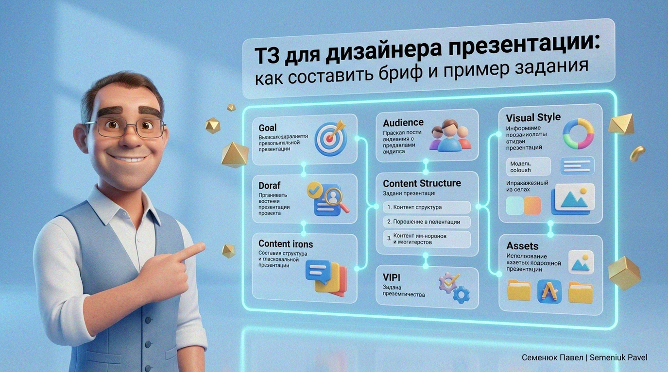 3D-персонаж в стиле Pixar указывает на светящуюся панель с правилами составления ТЗ для презентации в стиле Bento UI.