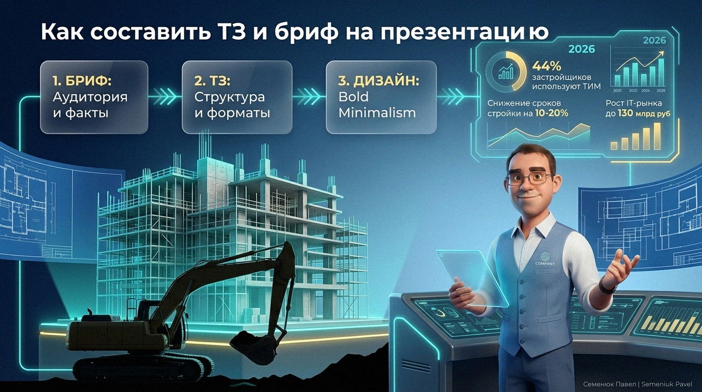 Современная B2B инфографика в стиле Bold Minimalism с пошаговой инструкцией создания брифа и ТЗ для строительной компании на фоне 3D-модели здания и графиков статистики 2026 года.
