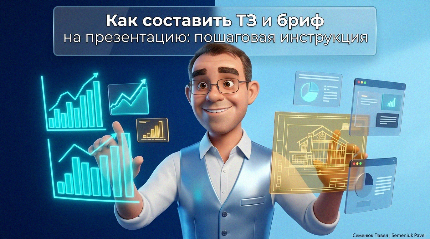 3D-персонаж в деловом стиле взаимодействует с голографическими графиками и чертежами зданий на фоне заголовка про составление ТЗ и брифа.