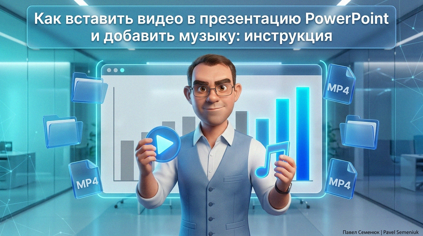 3D-персонаж в футуристичном офисе добавляет иконки видео и музыки в цифровую презентацию