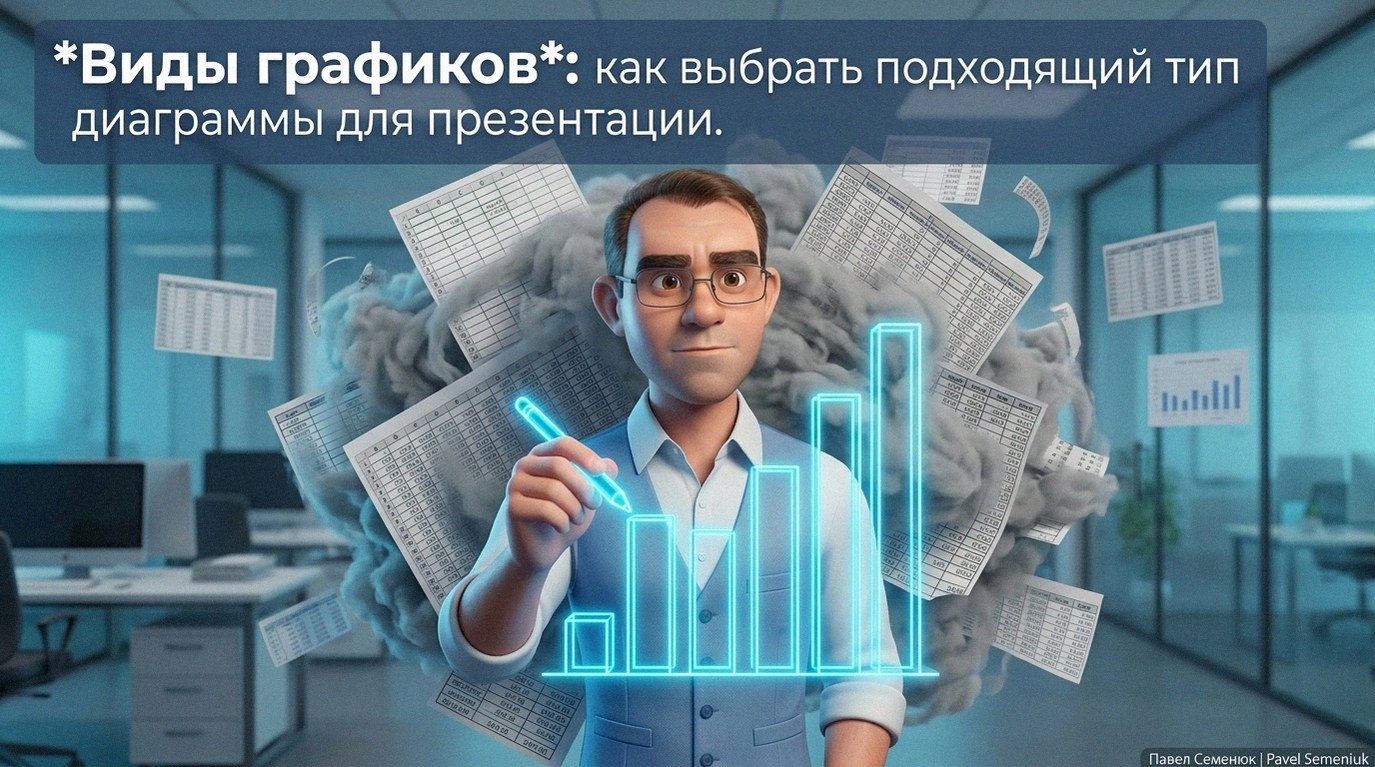 Иллюстрация процесса выбора графиков для презентации: эксперт в 3D стиле превращает хаотичные таблицы в структурированную неоновую диаграмму.