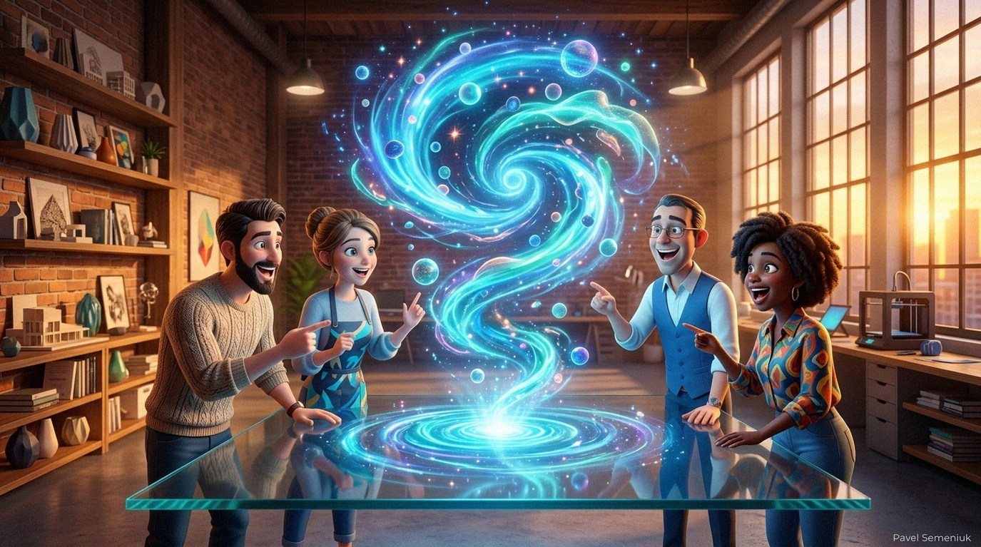 Кинематографичная 3D-иллюстрация команды дизайнеров в лофте, наблюдающих за магическим вихрем творческой энергии над столом