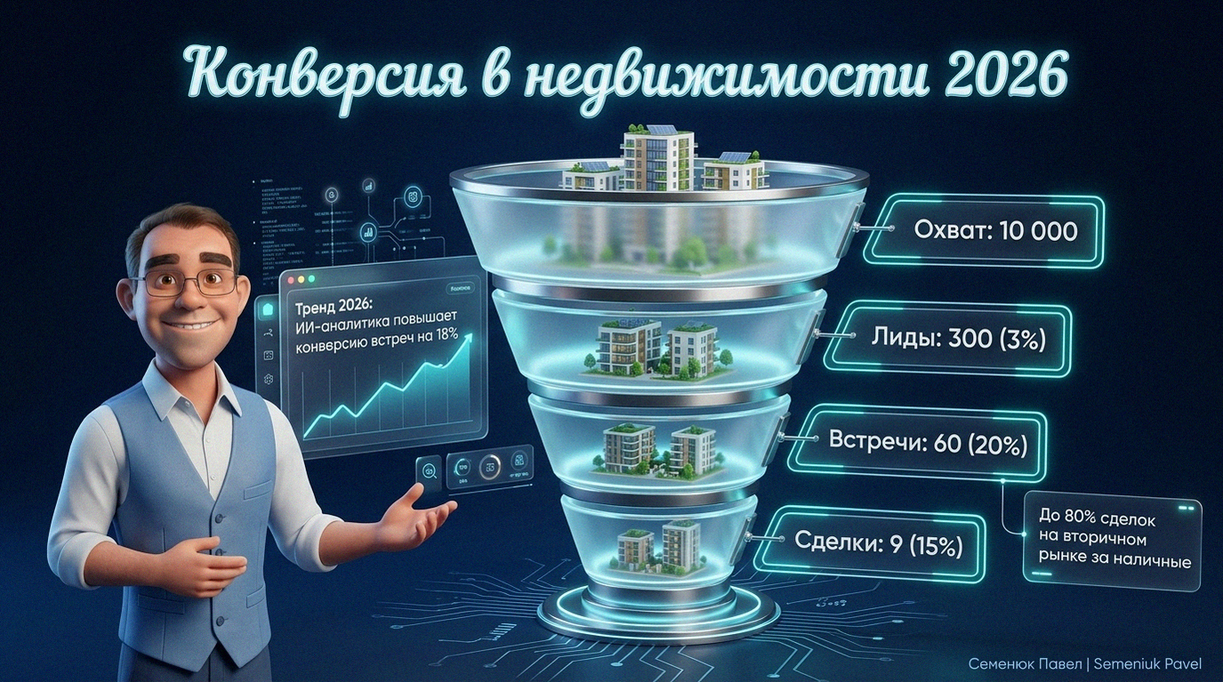 3D-инфографика воронки продаж в сфере недвижимости на 2026 год с показателями конверсии на каждом этапе