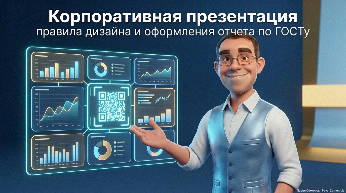 3D-персонаж в стиле Pixar представляет интерактивный дашборд с графиками и QR-кодом, оформленный по новым стандартам ГОСТ