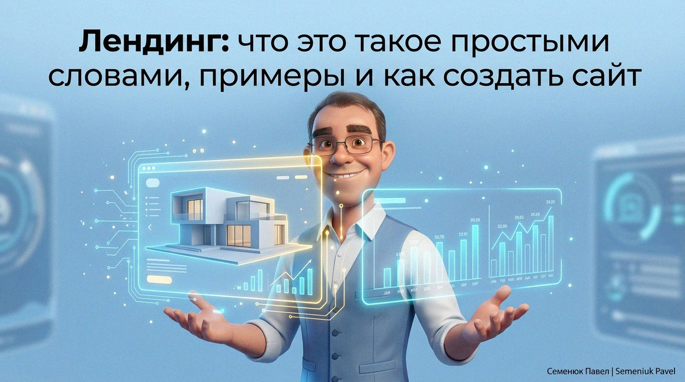 3D-иллюстрация в стиле Pixar: эксперт представляет голографический интерфейс лендинга с моделью современного дома и графиками данных