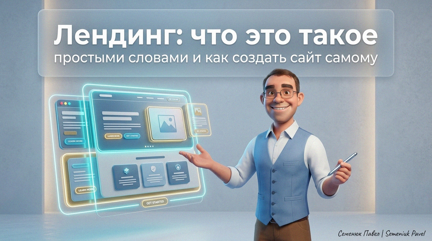 3D-персонаж эксперт демонстрирует интерфейс современного лендинга для строительного бизнеса с элементами ИИ-дизайна