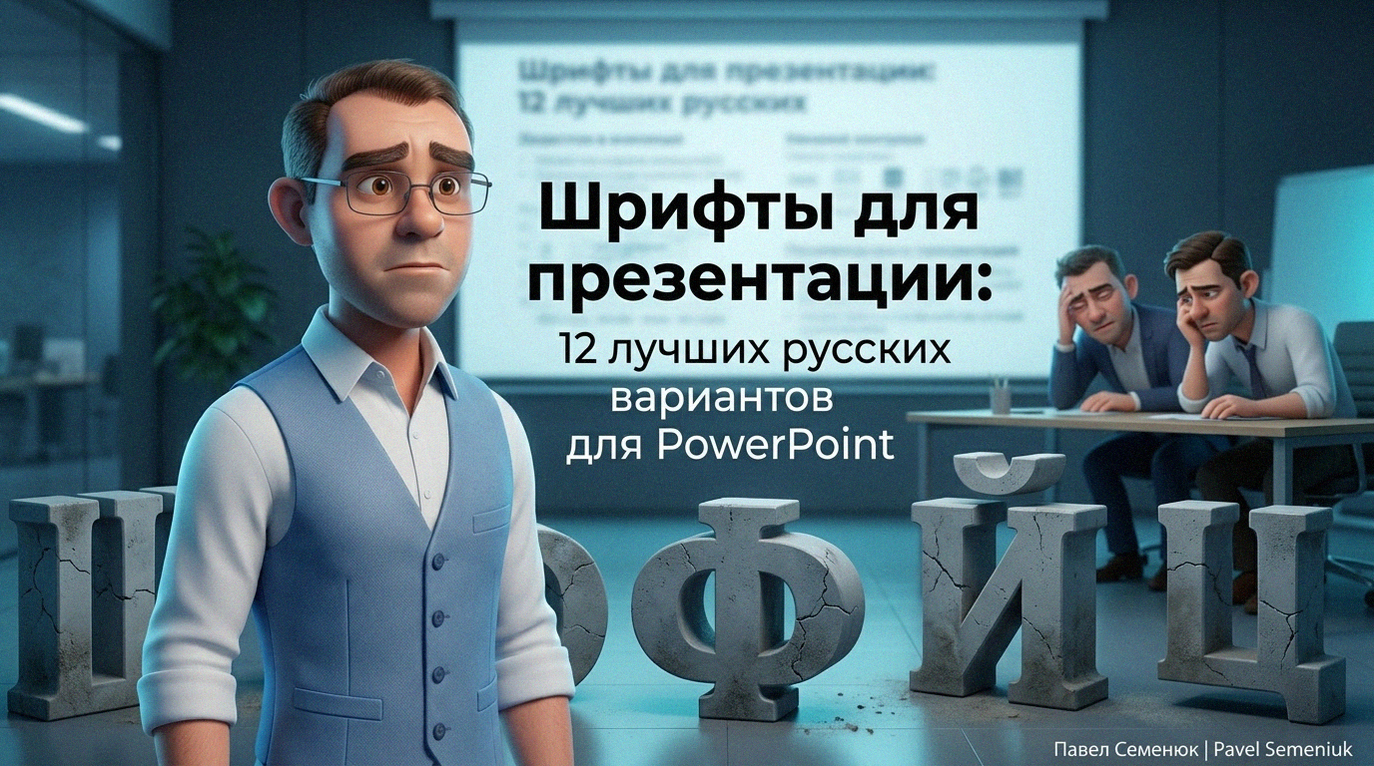 3D персонаж в офисе рядом с массивными буквами кириллицы и заголовком о выборе шрифтов для презентаций