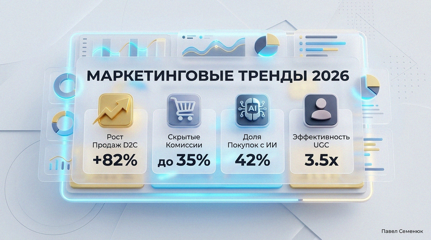 3D инфографика с ключевыми показателями маркетинга в России на 2026 год: рост D2C, комиссии маркетплейсов, покупки через ИИ и эффективность UGC