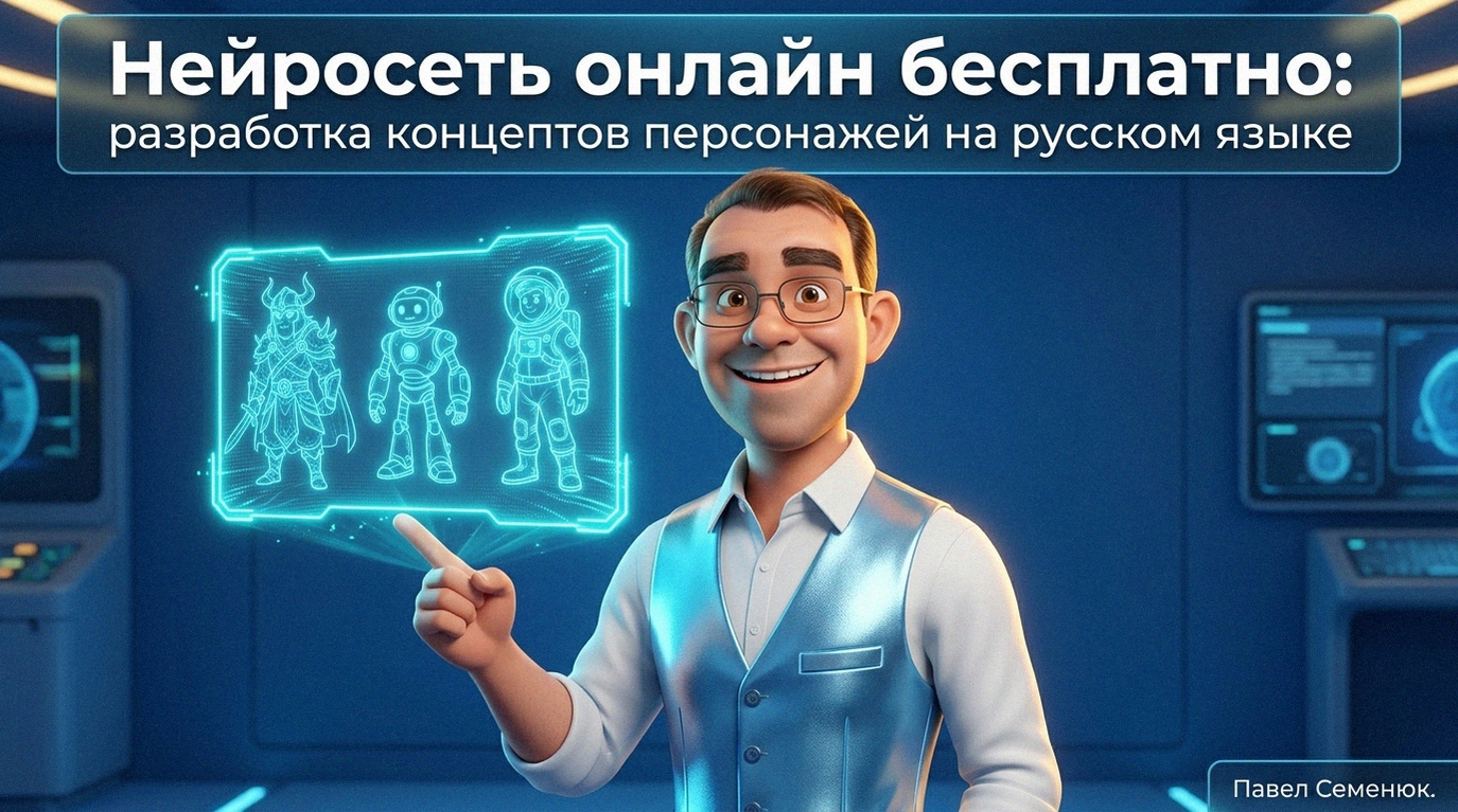 3D-персонаж в очках и голубом жилете указывает на неоновую голограмму с эскизами героев, презентуя возможности нейросетей.