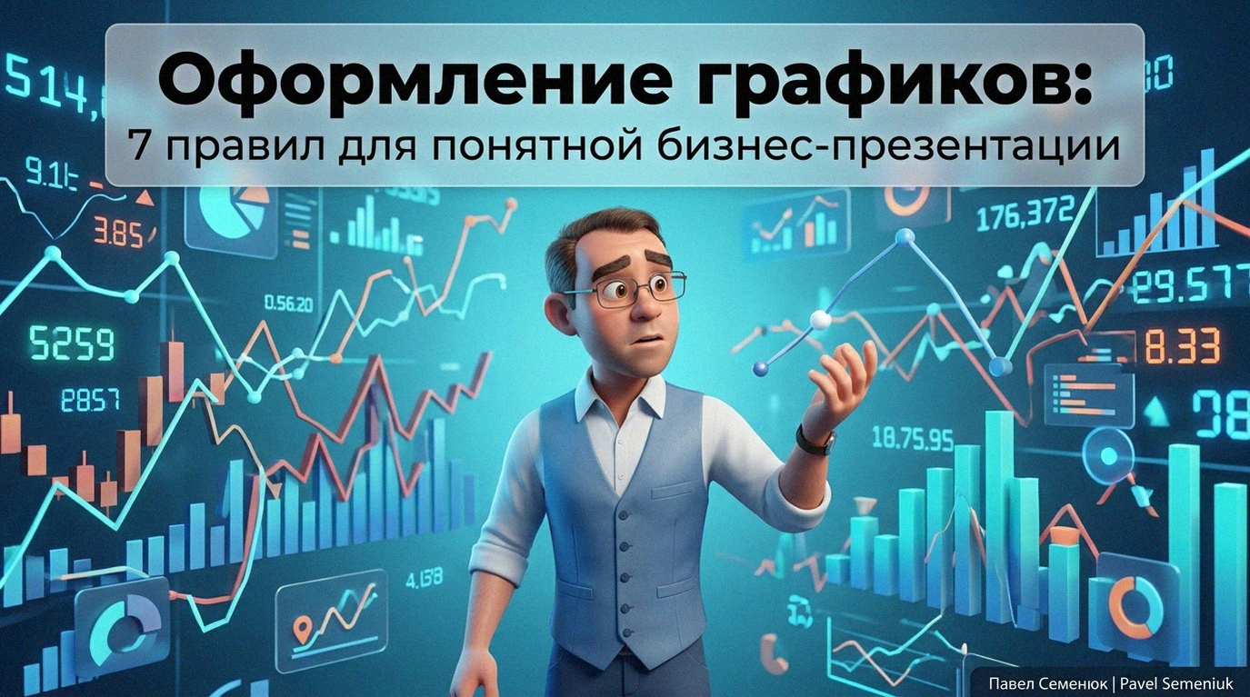 3D-персонаж в стиле анимации Pixar среди хаотичных графиков и цифровых данных, символизирующий информационный шум в бизнесе.