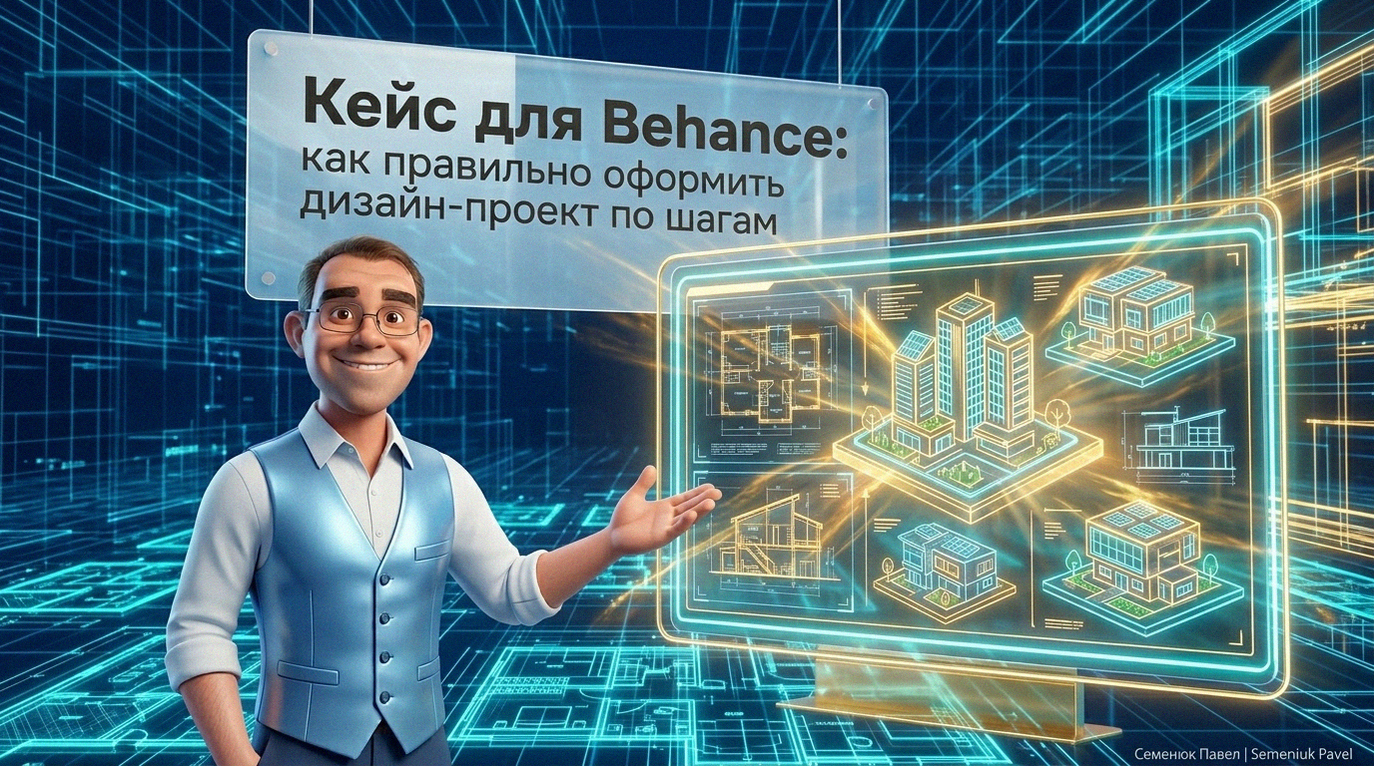 3D-персонаж в очках и голубом жилете презентует голографический экран с архитектурными 3D-моделями зданий и чертежами на фоне цифровой сетки.