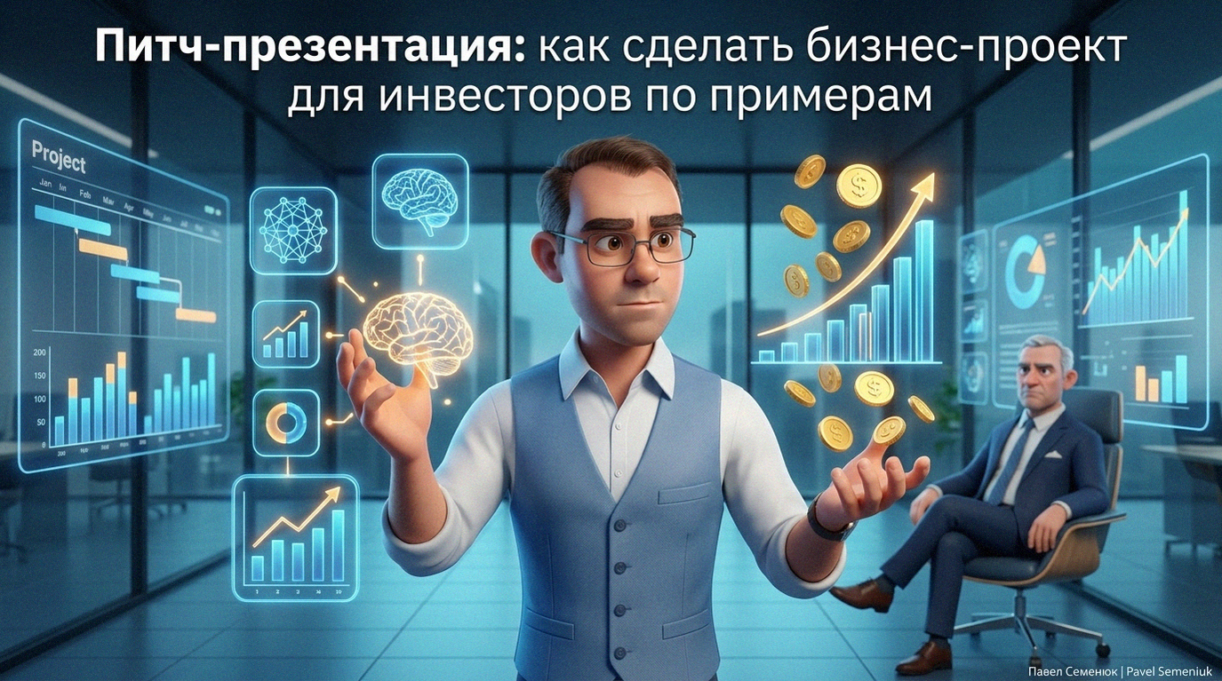 3D-персонаж в стиле Pixar создает голографическую презентацию с графиками и нейросетями перед инвестором