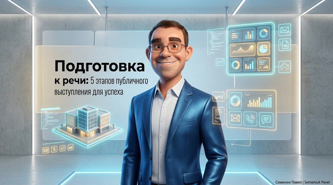Мужчина в деловом костюме в стиле 3D-анимации на фоне высокотехнологичных голограмм со строительными макетами и графиками.