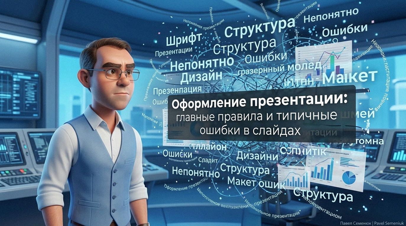 3D-персонаж в очках и деловом жилете в современной студии смотрит на хаотичную голограмму из текста и графиков, посвященную дизайну слайдов.