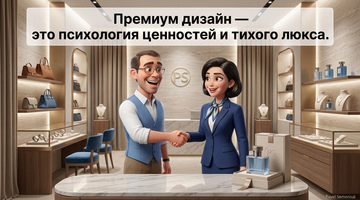 Презентации на заказ3D-персонажи в стиле Disney пожимают руки в интерьере премиального бутика с заголовком о психологии дизайна.