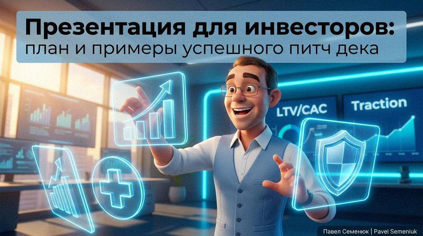 3D-персонаж в стиле Pixar создает голографическую презентацию для инвесторов с графиками роста, метриками LTV CAC и иконками технологий