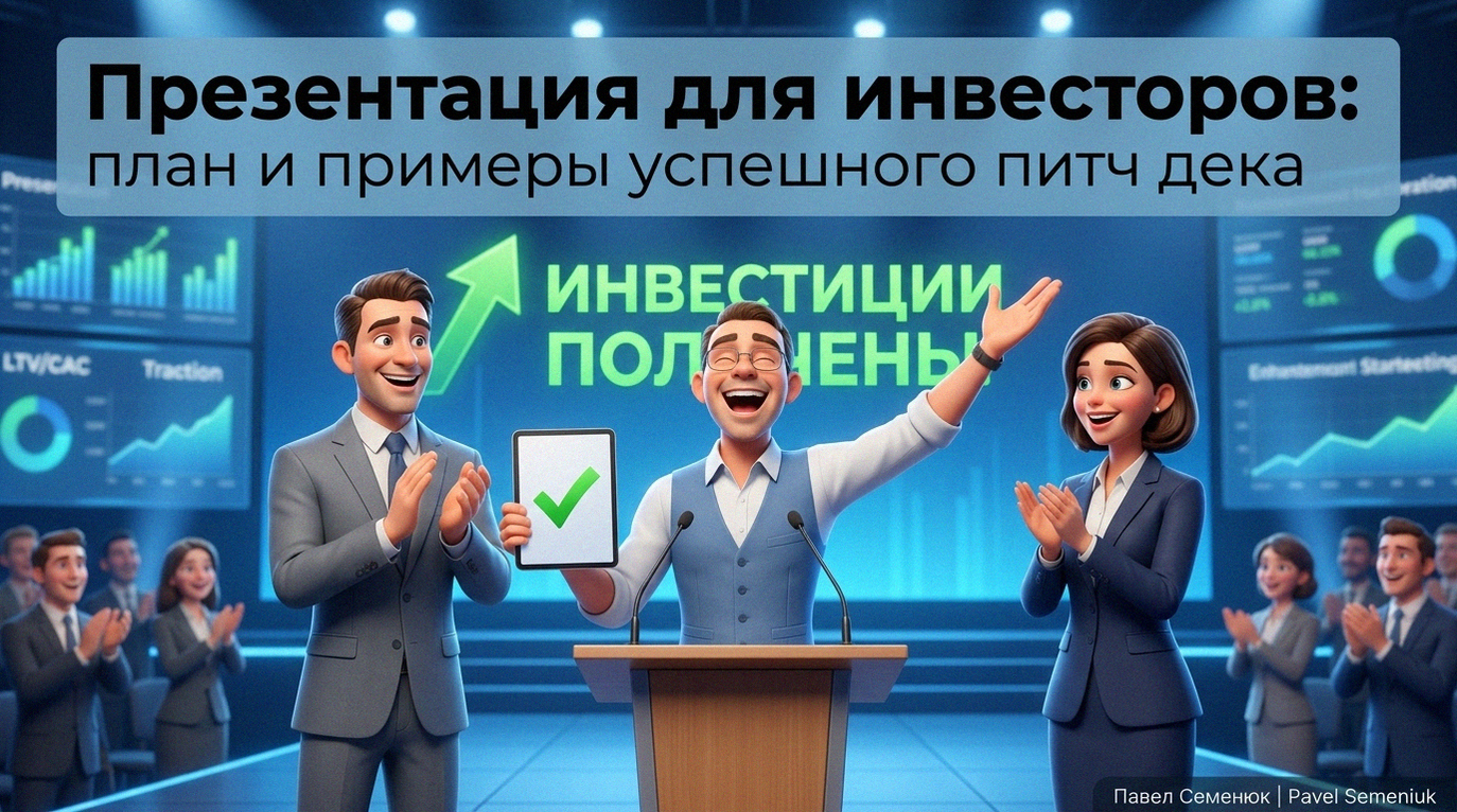 3D иллюстрация: спикер в очках и инвесторы празднуют успех на фоне экрана с надписью Инвестиции получены