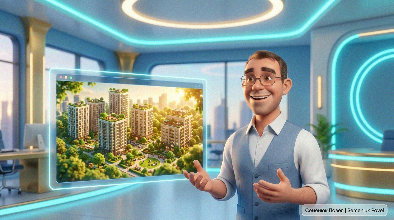 3D-иллюстрация улыбающегося мужчины, презентующего светящуюся модель экологичного жилого квартала в футуристичном офисе